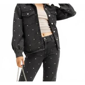 NEW CRAS helena denim rhinestone button jean shirt in washed black